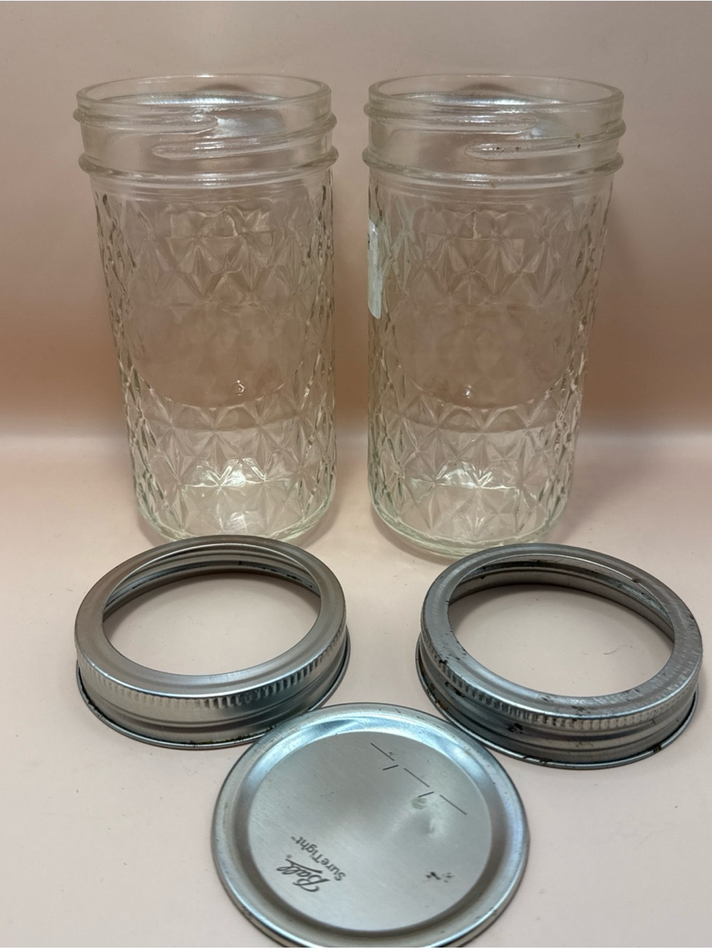 Set of 2 BALL Quilted Crystal Jars Diamond 12 oz w Two Rings and 1 Flat Lid Part